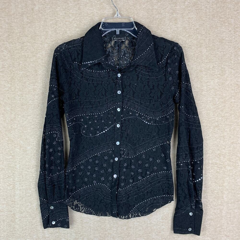 Vintage Bebe Y2K Black Lace Sheer Top S USA Button Up Whimsi Goth Romantic Fairy